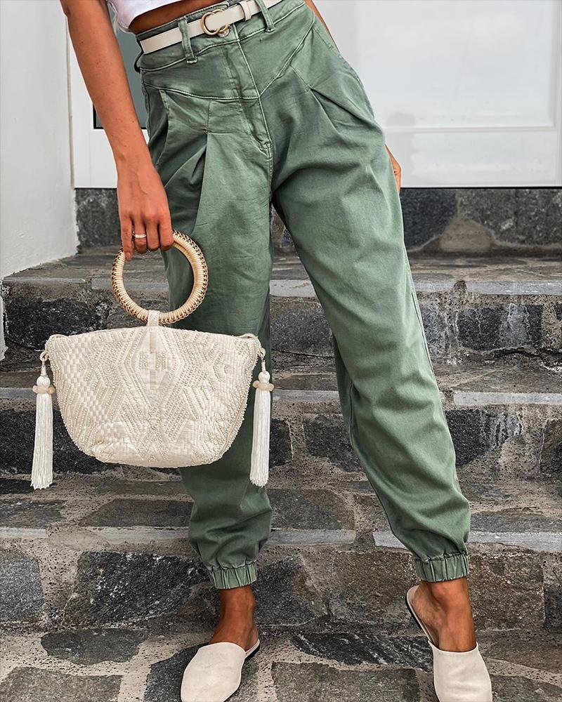 

Pocket Design Ruched Casual Pants, Green