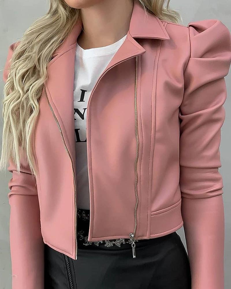 

Puffed Sleeve Plain Pu Leather Biker Jacket, Pink