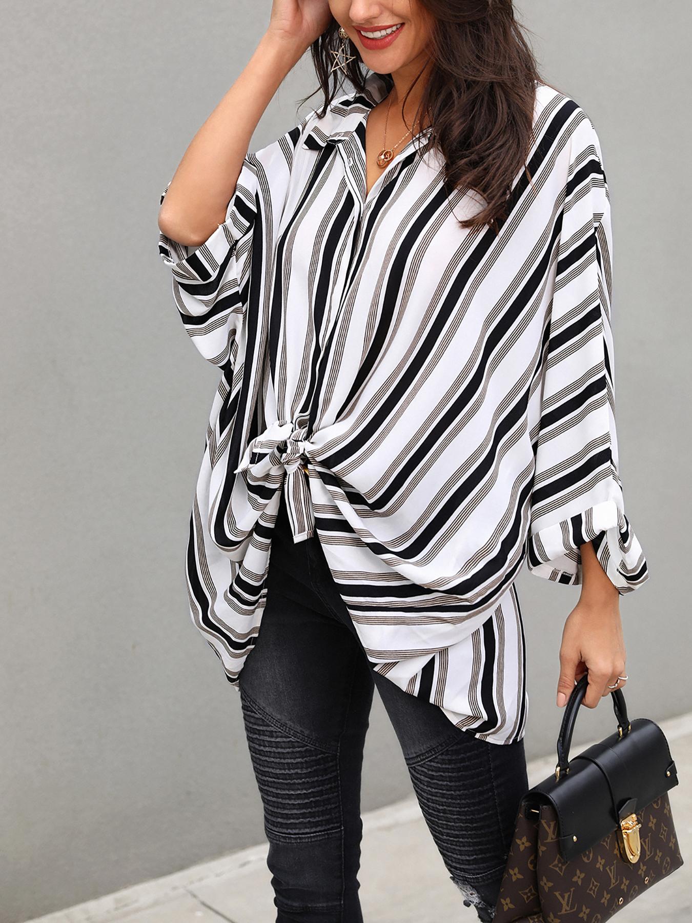 

Stripes Bat-Wing Sleeve Slit Back Blouse, Multicolor