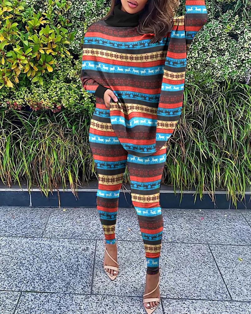 

Christmas Colorblock Slit Top & Skinny Pants Set, Multicolor