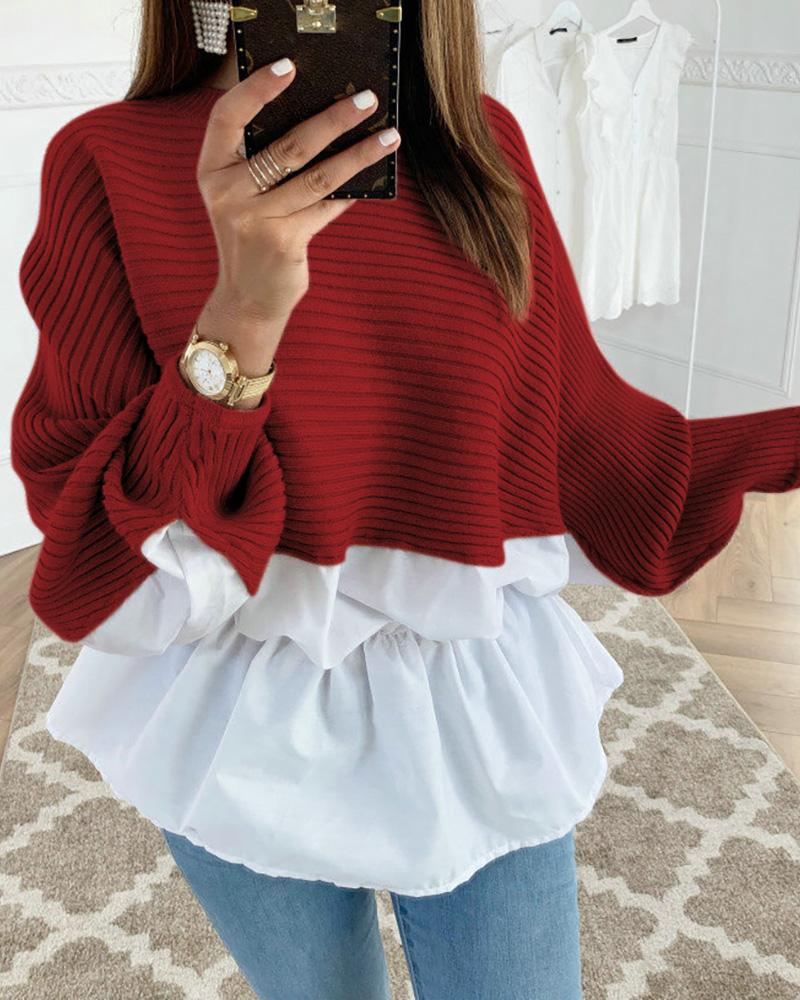 

Colorblock Insert Ruffles Ribbed Batwing Sleeve Blouse, Red