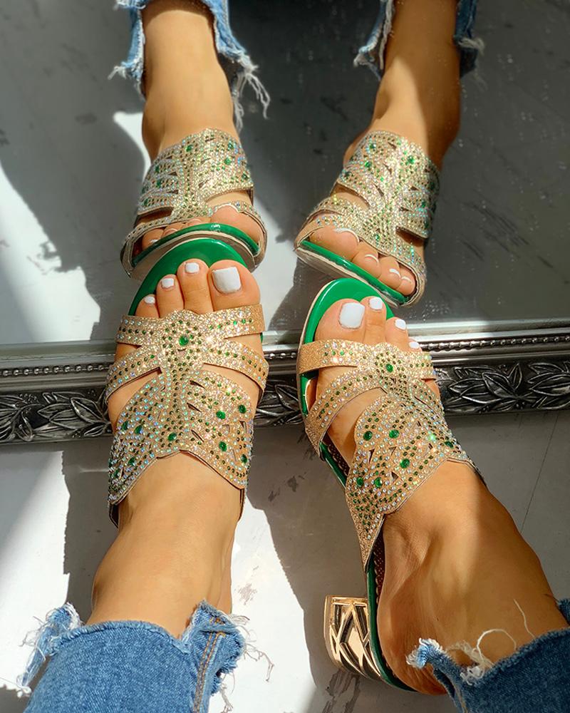 

Studded Cut Out Design Chunky Heeled Sandals, Green