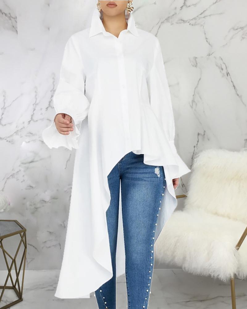 

Solid Turn-down Collar Bell Cuff Buttoned Dip Hem Longline Shirt, White