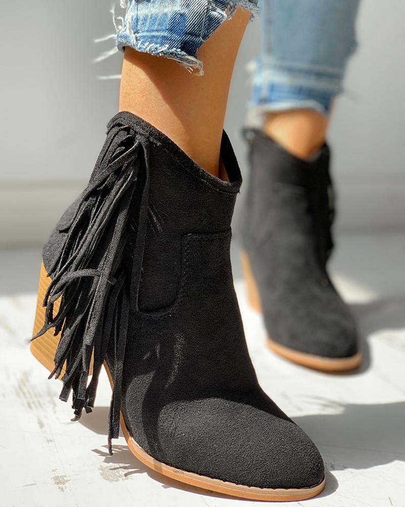

Solid Tassel Design Chunky Heeled Boots, Black