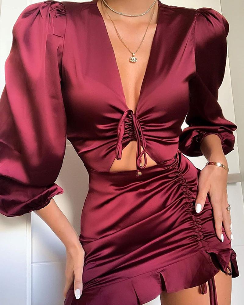 

Deep V Tie Up Mini Dress, Red