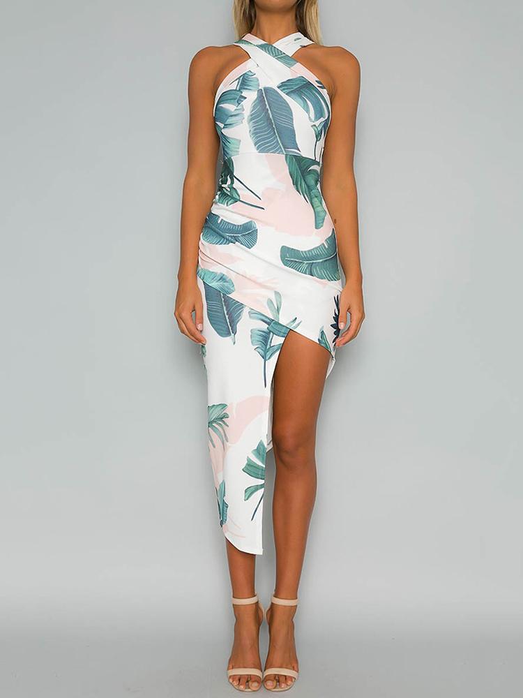 

Ruched Crisscross Halter Asymmetrical Print Bodycon Dress