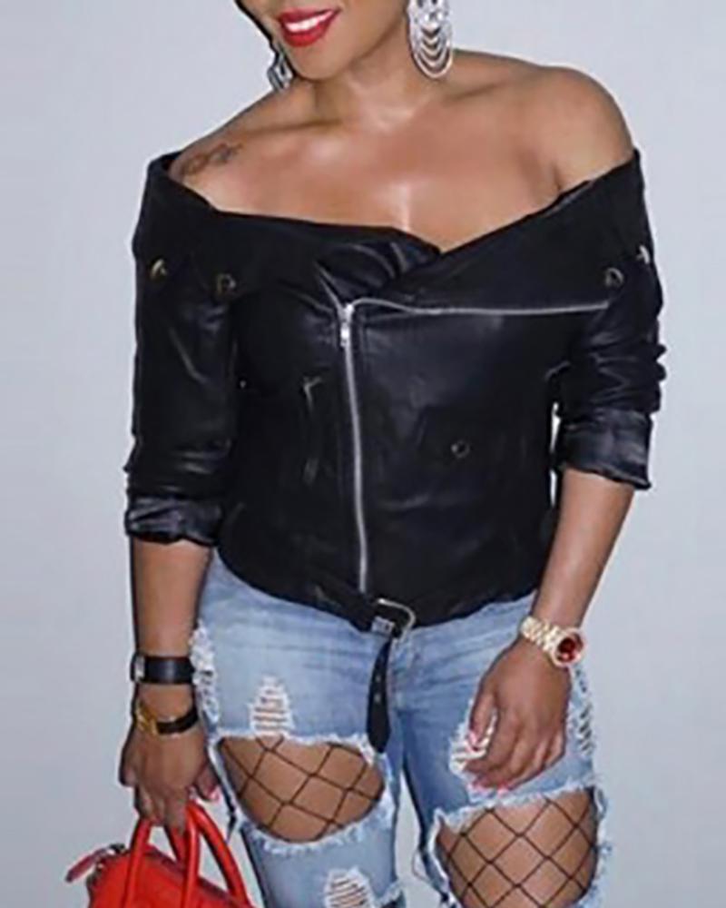 

Off Shoulder Zipper Design PU Coat, Black