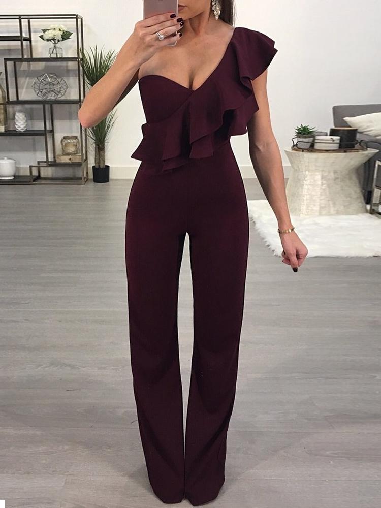 

Women Ruffled One Shoulder Sleeveless Flared Jumpsuit, Black