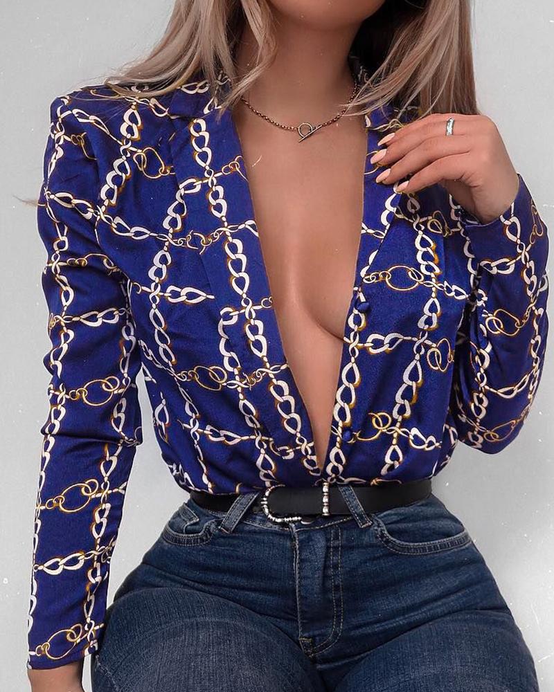 

Plunge Chain Print Long Sleeve Shirt, Dark blue