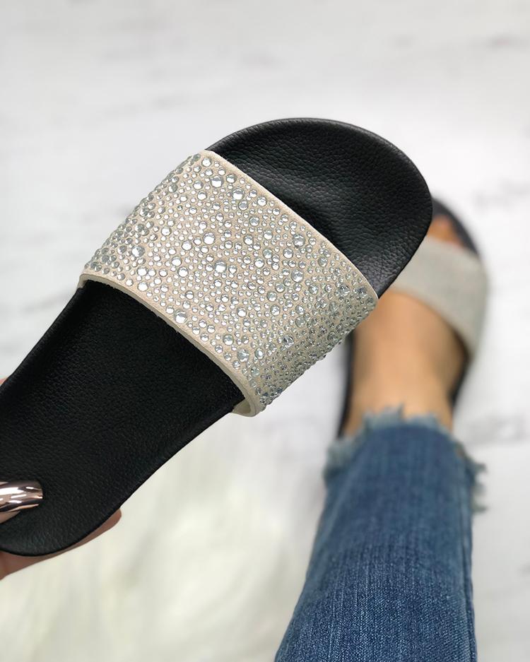 

Hot Drilling Single Strap Flat Sandals, Silver
