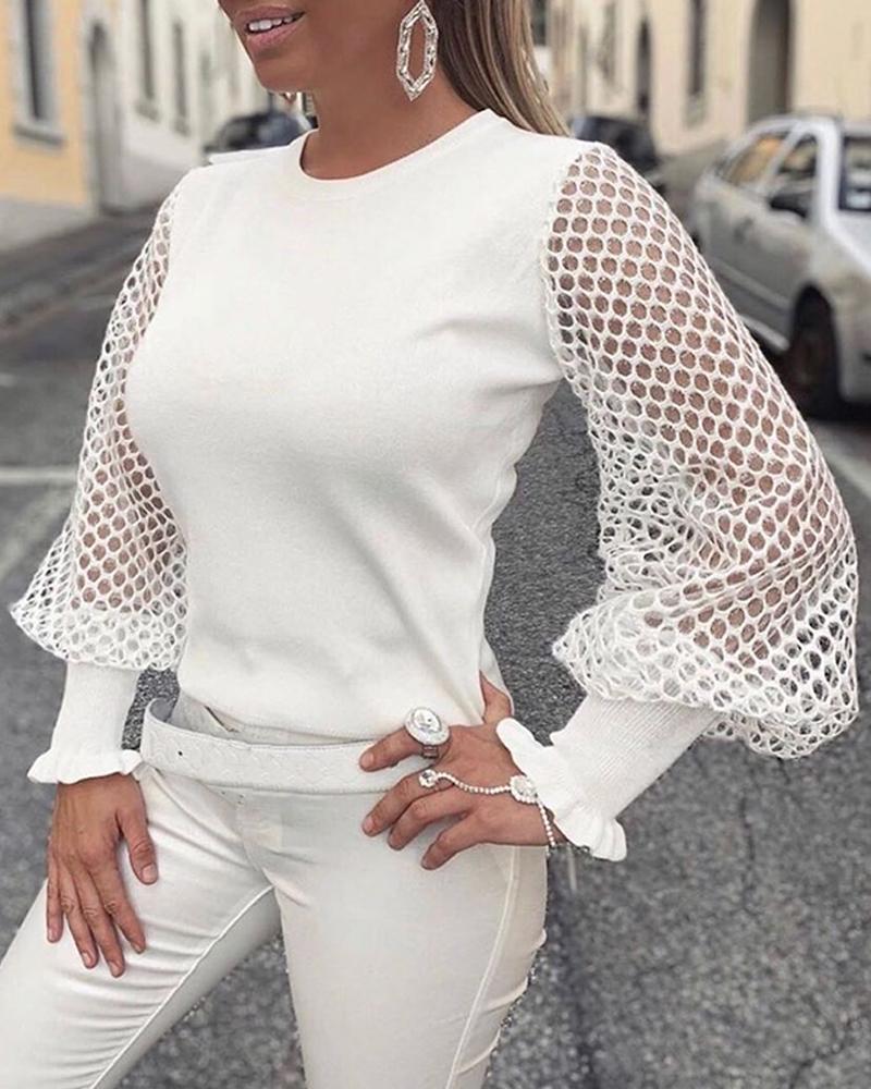 

Solid Fishnet Long Sleeve Top, White
