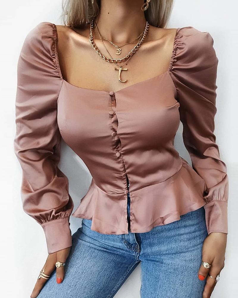 

Long Sleeve Ruffle Hem Bustier Top, Pink