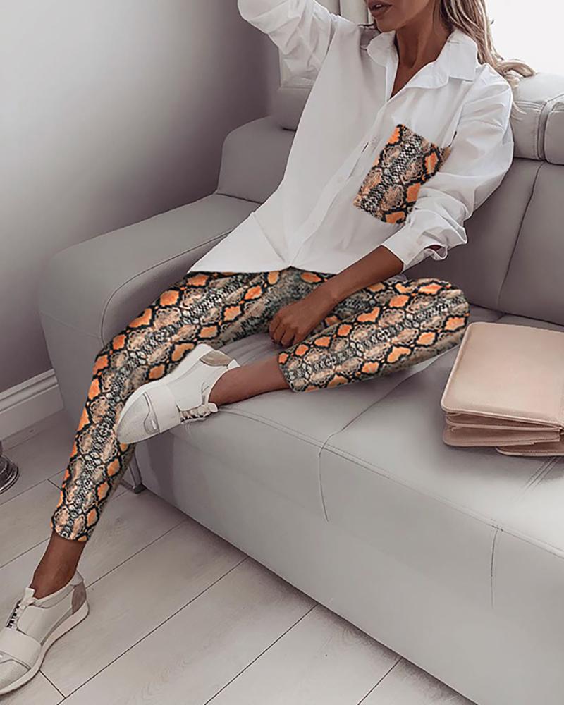 

Turn-down Collar Snakeskin Shirt & Pants Sets, Orange