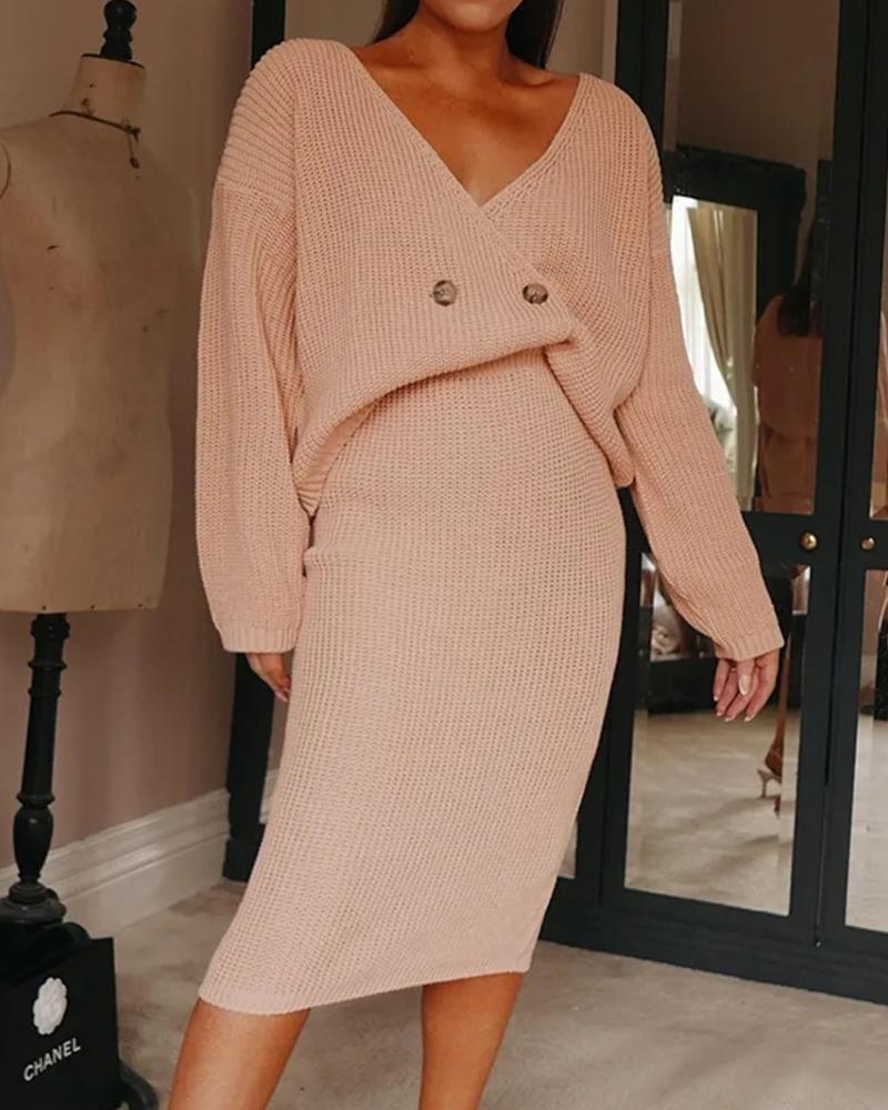 

Buttoned Knit Top & Skirt Set, Pink