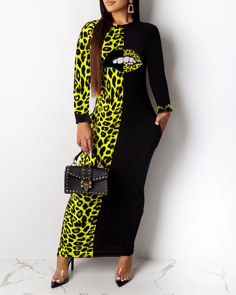

Lips Print Leopard Colorblock Casual Dress, Green
