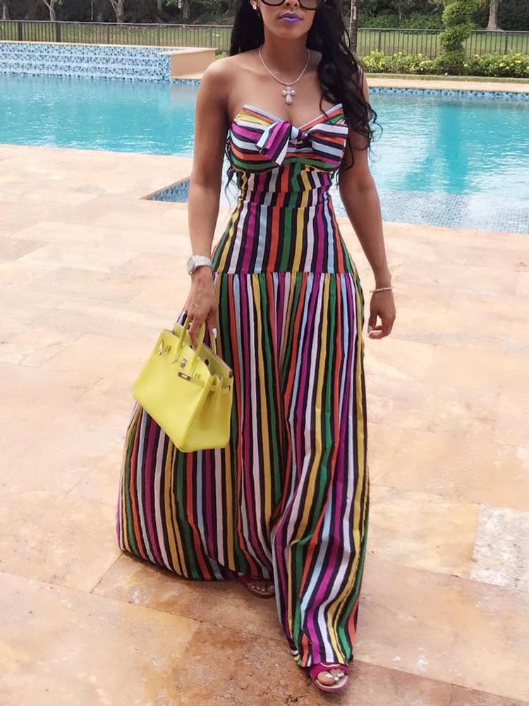 

Colorful Stripes Bowknot Strapless Maxi Dress, Multicolor