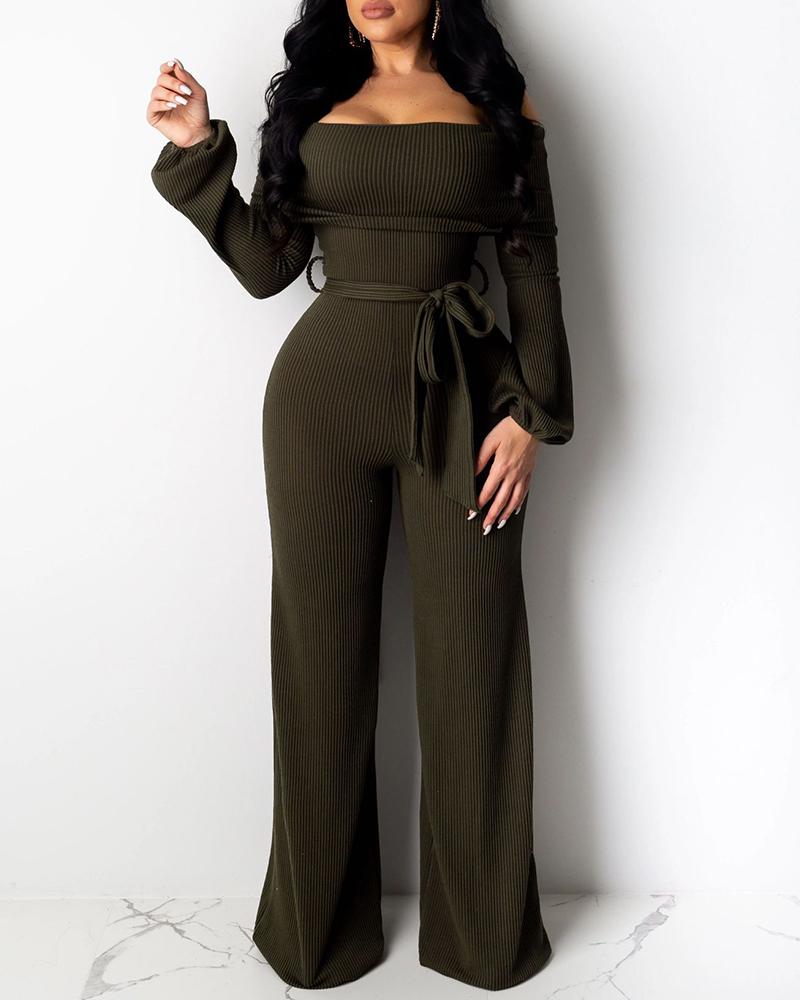 

Solid Off Shoulder Ribbed Wide Leg Jumpsuit, Green