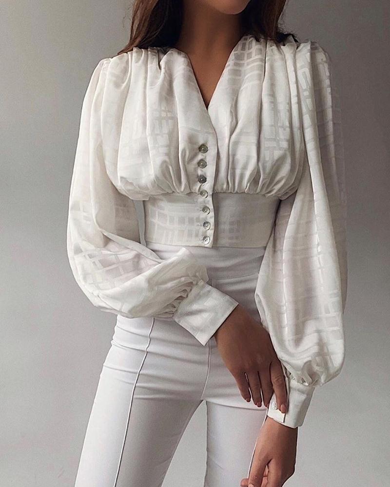 

V Neck Button-Up Blouse, White