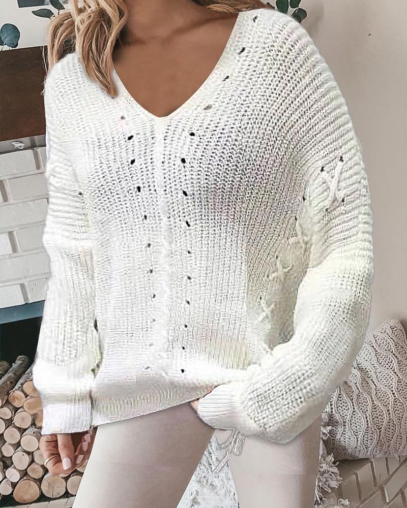 

Plain Hollow Out Casual Sweater, White