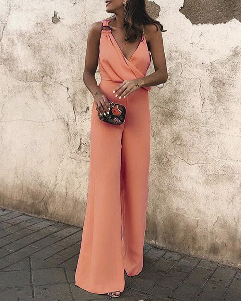 

O-ring Strap Wrap Wide Leg Jumpsuit, Pink
