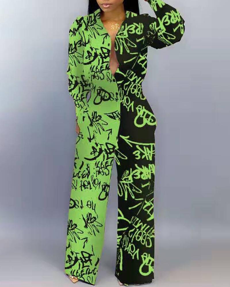 

Colorblock Insert Graffiti Print Wide Leg Jumpsuit, Green
