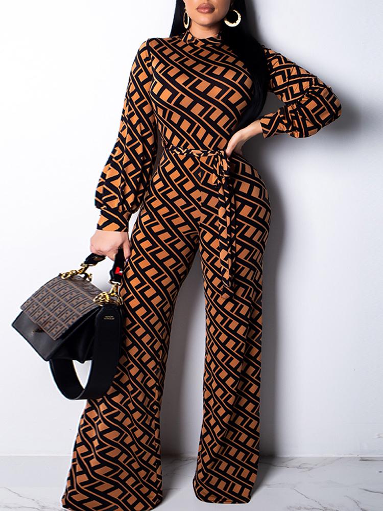

Geo Print Long Sleeve Belted Jumpsuits, Khaki