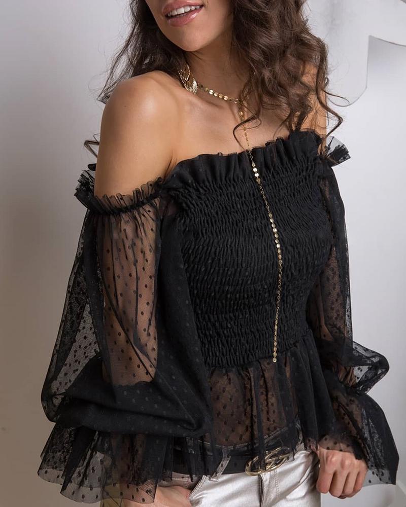 

Off Shoulder Mesh Dot Frill Ruffled Blouse, Black