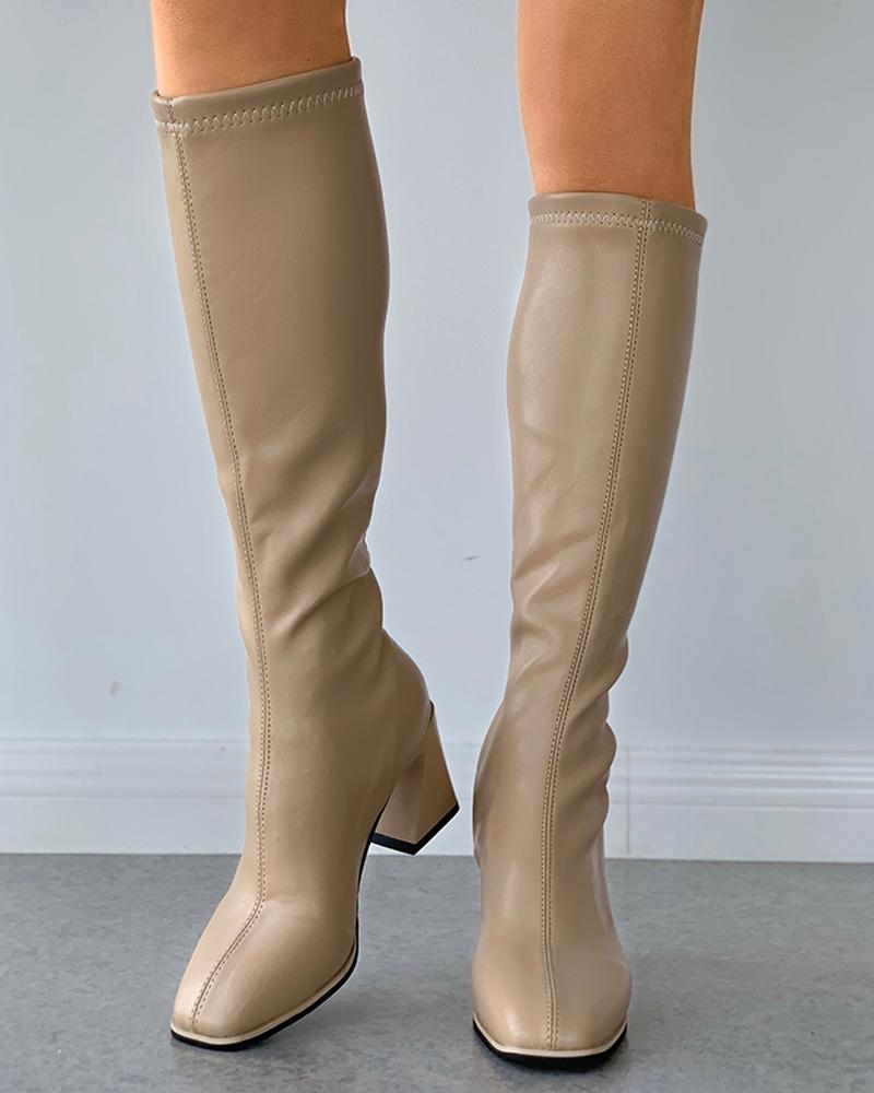 

Back Zip Square Toe Chunky Heeled Boots, Khaki