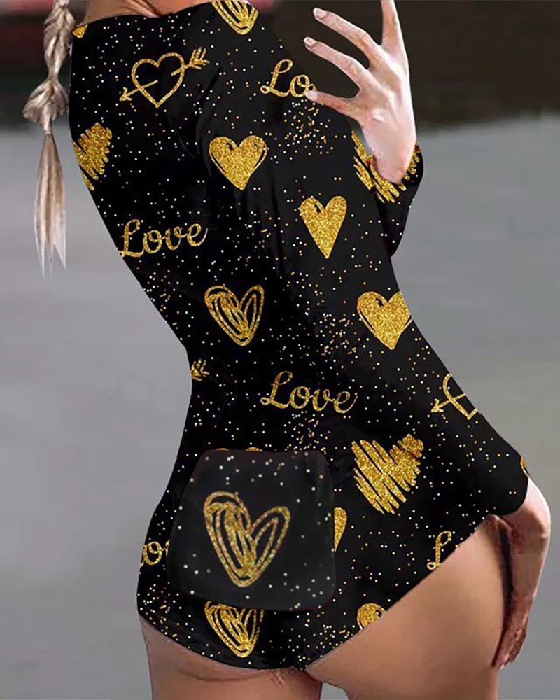 

Heart Letter Print Long Sleeve Functional Button Design Romper, Black