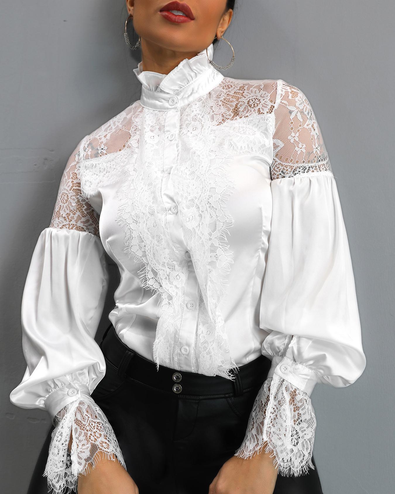

Eyelash Lace Insert Lantern Sleeve Blouse, White