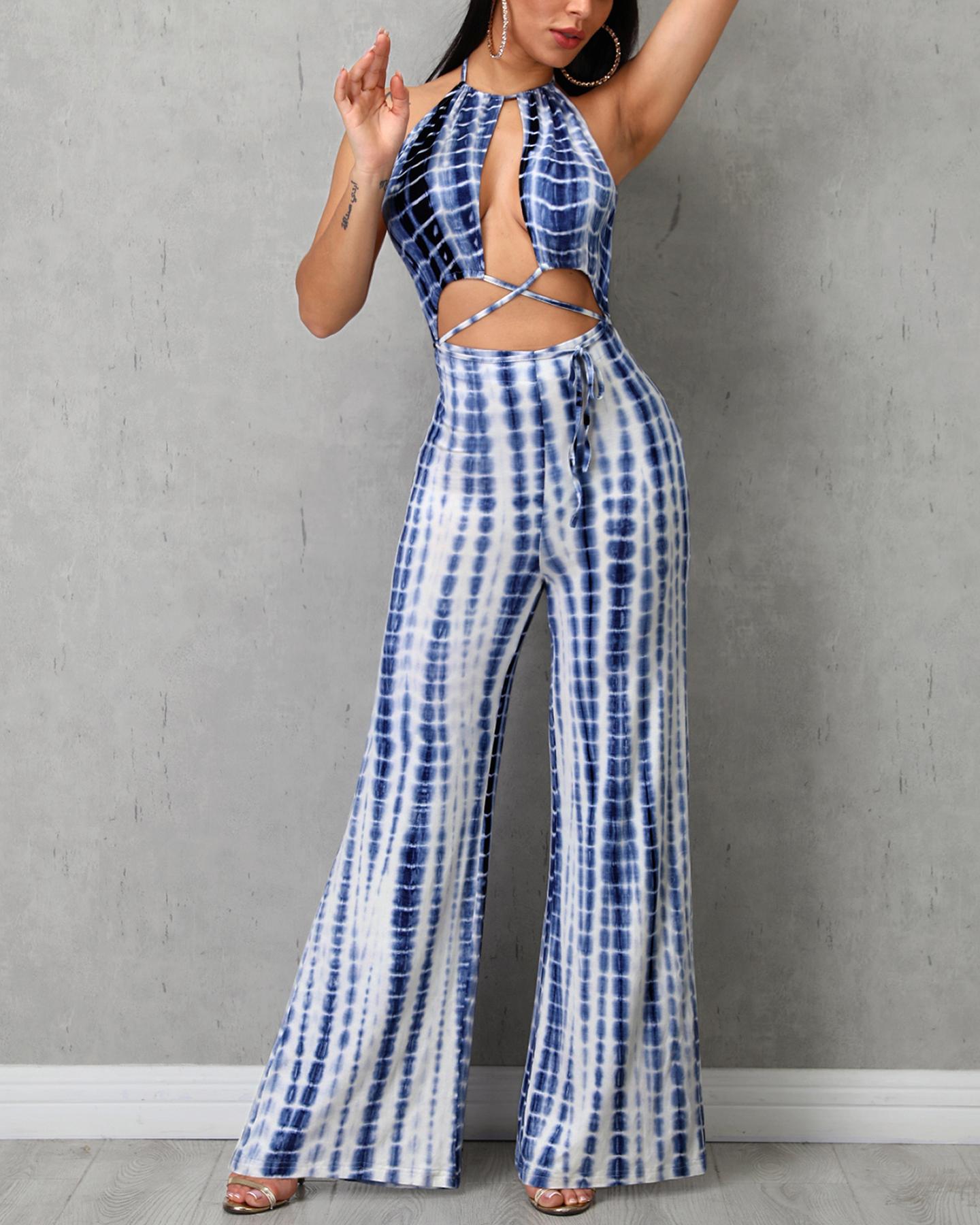 

Tie Dye Print Cutout Open Back Jumpsuit, Blue