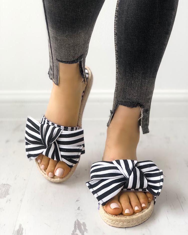 

Striped Bowknot Decorated Flat Shoes, Black