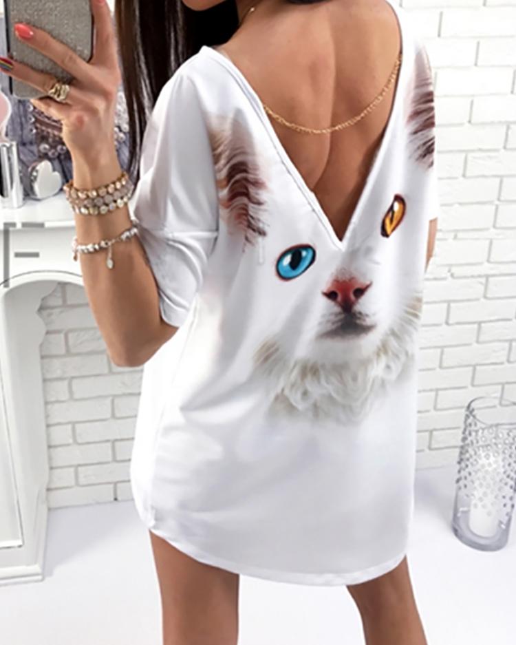 

High-Low Butterfly Print V Back T-shirt, Multicolor