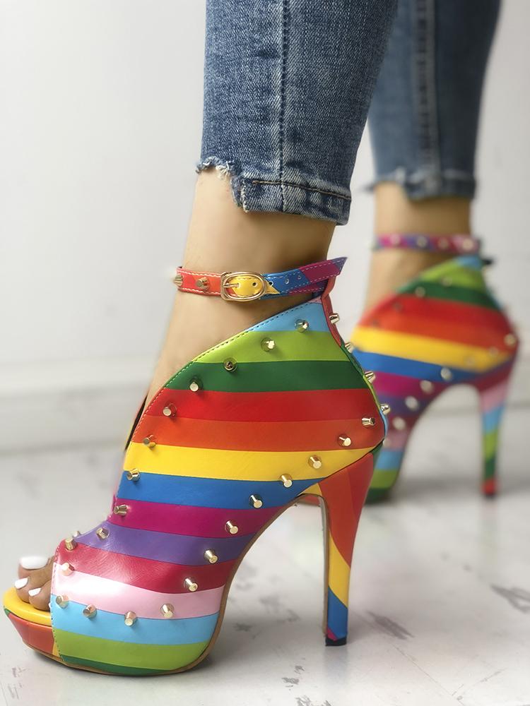 

Rivets Embellished Rainbow Striped Buckled Thin Heels, Multicolor