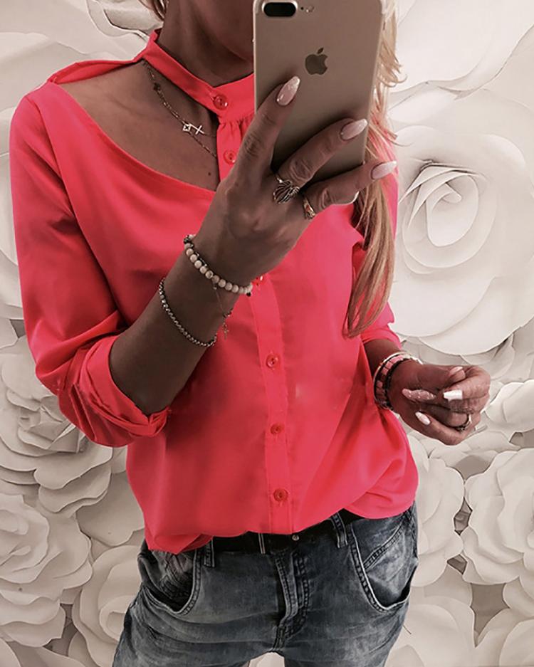 

Solid Button Up Cutout Shoulder Shirt, Red