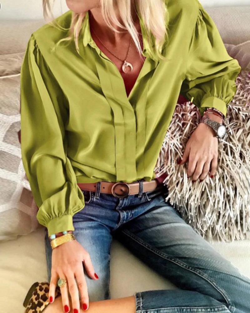 

Turn-down Collar Lantern Sleeve Ruched Shirt, Green