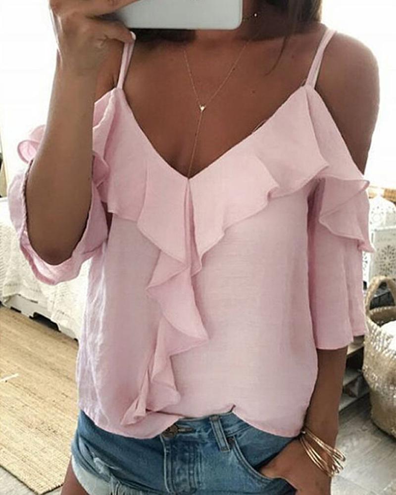 

Cold Shoulder Ruffle Trim Blouse, Pink