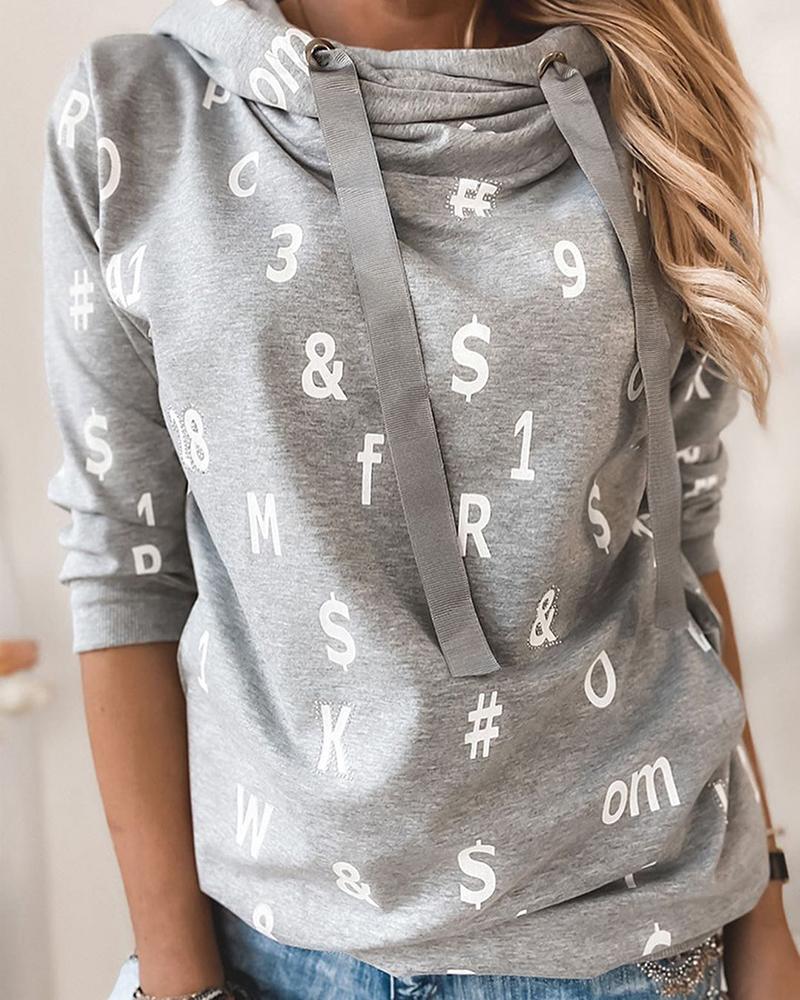 

Letter Print Long Sleeve Casual Hooded Top, Gray
