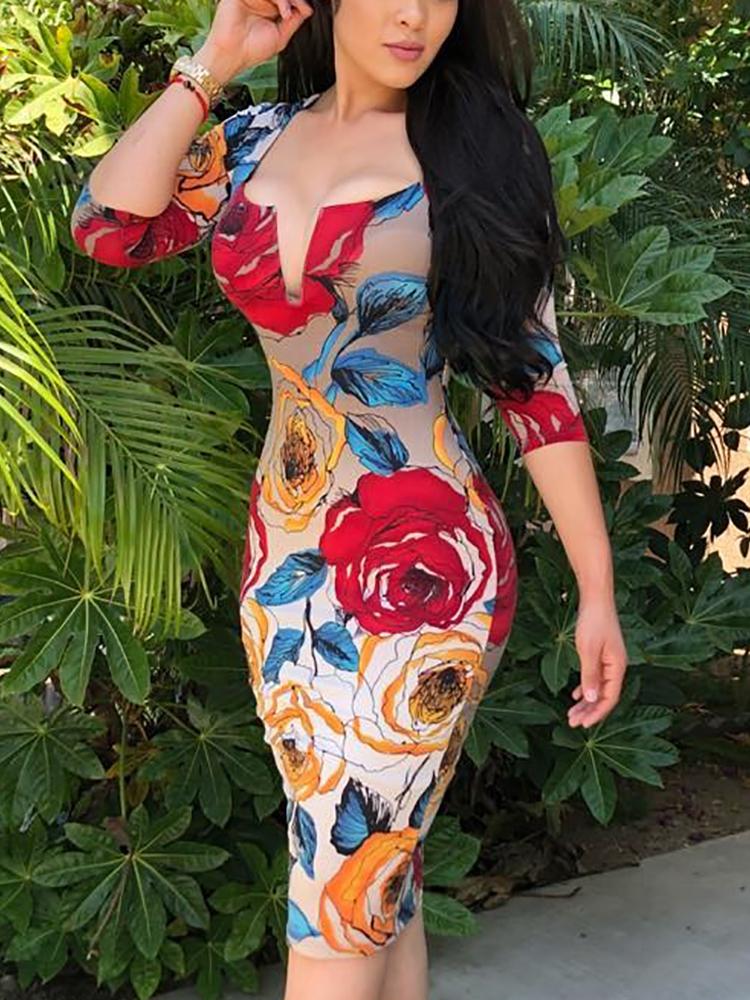 

Floral Print Low Cut Bodycon Dress, Multicolor