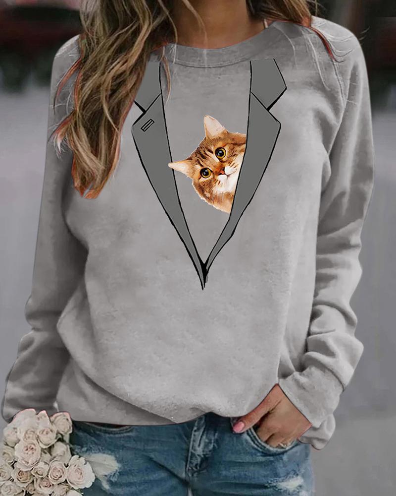 

Cat Print Pullover Casual Sweatshirt, Gray