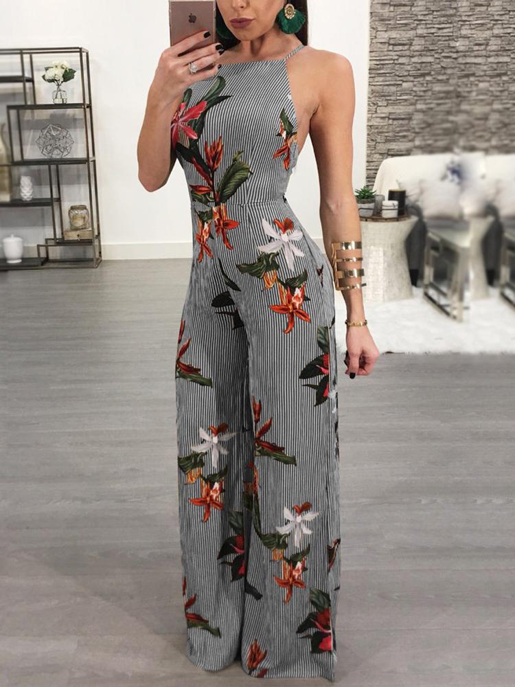 

Sexy Floral Pattern Backless Jumpsuits, Black