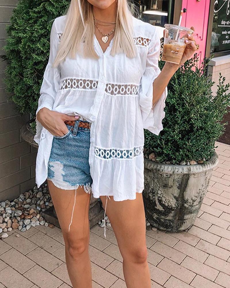 

Solid Color Stitching Hollow Trumpet Sleeve Shirt, White