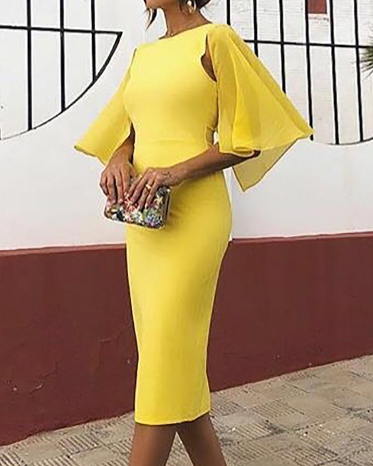 

Solid Backless Flared Sleeve Bodycon Dress, Yellow