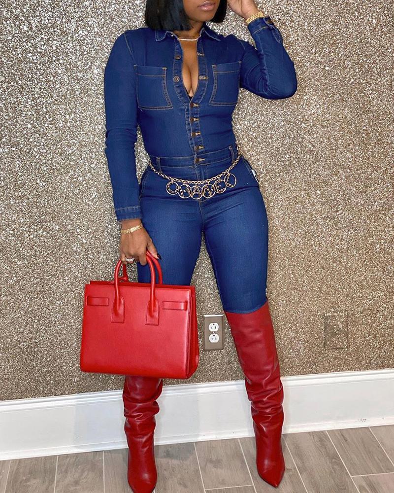 

Buttoned Pocket Design Denim Jumpsuit, Blue