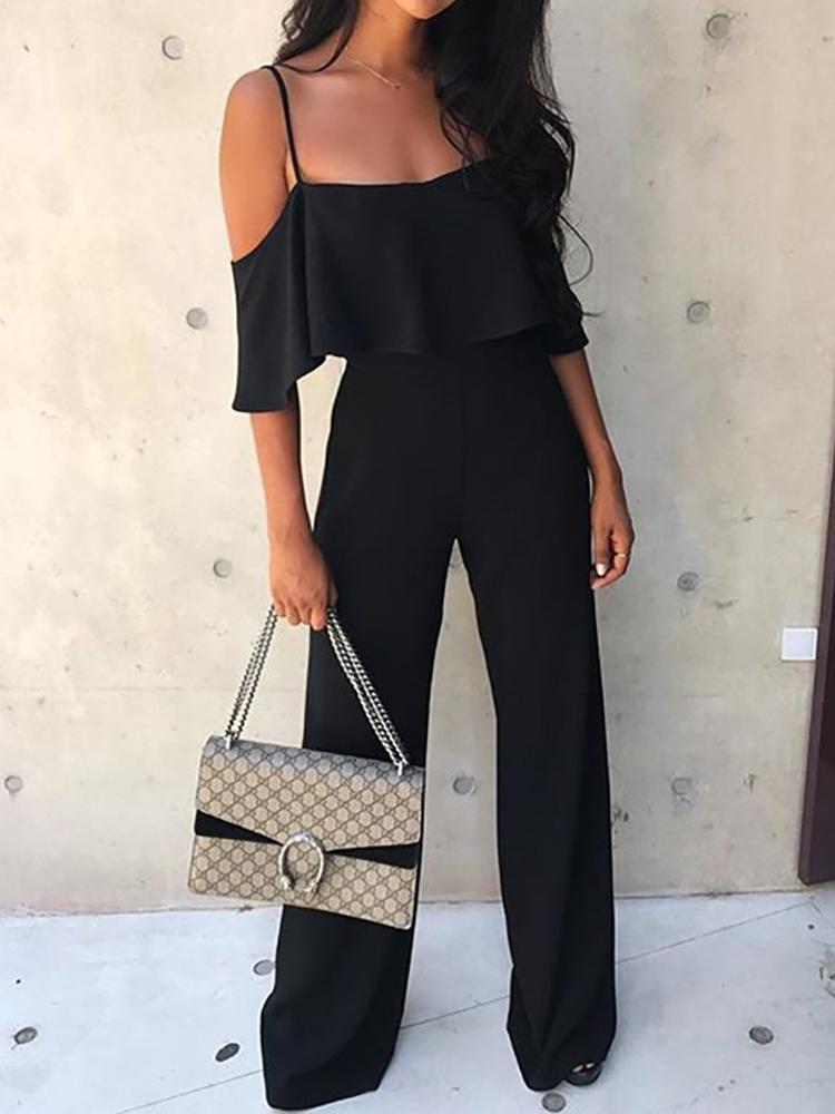 

Solid Color Wide Leg Flounce Slip Jumpsuit, Black