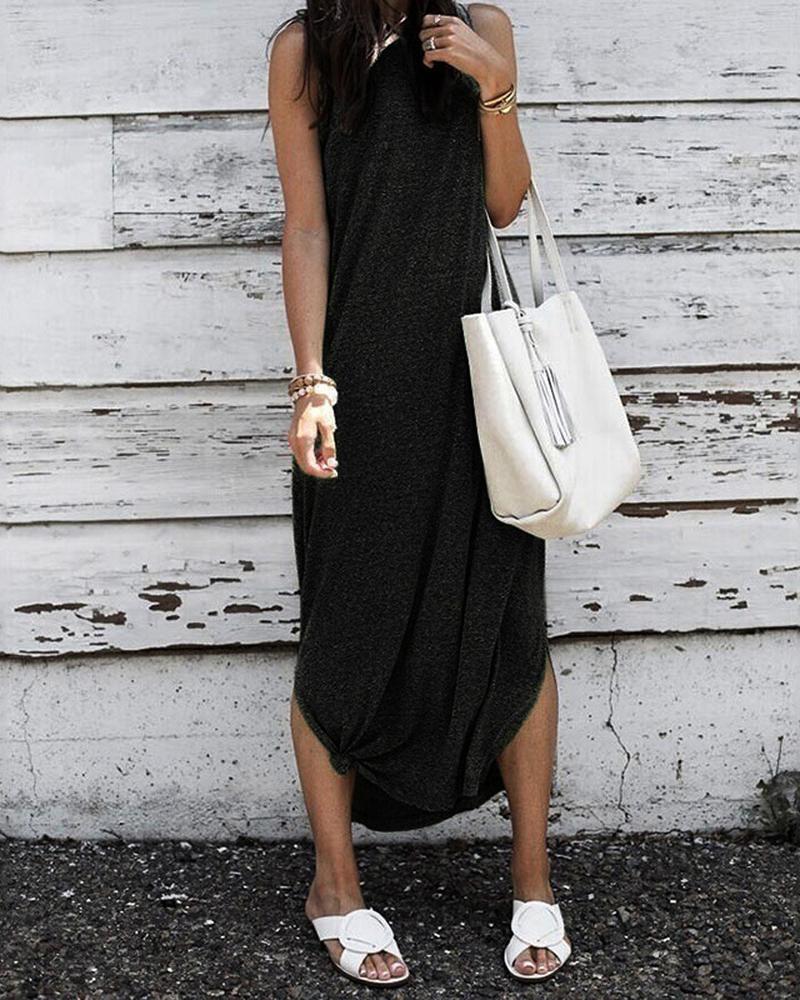 

Solid Round Neck Slit Casual Dress, Black