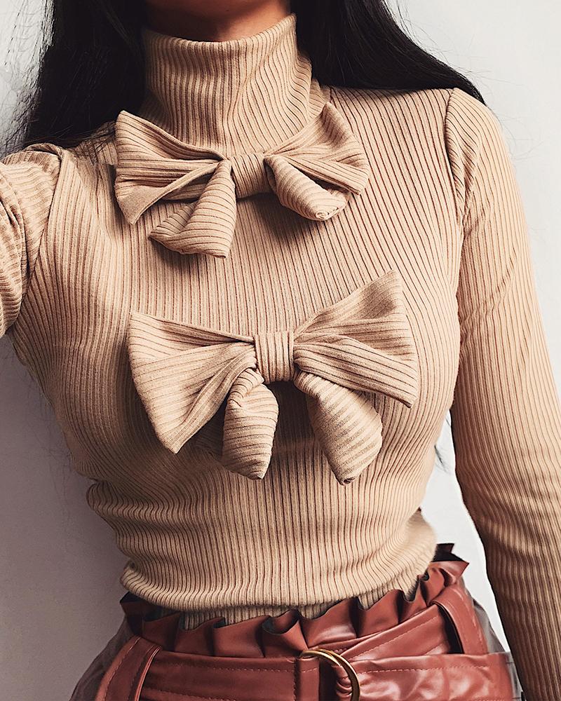 

Solid Bowknot Ribbed Casual Blouse, Khaki