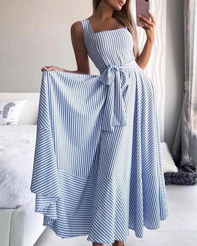 

Striped Square Neck Ruffles Hem Dress, Blue