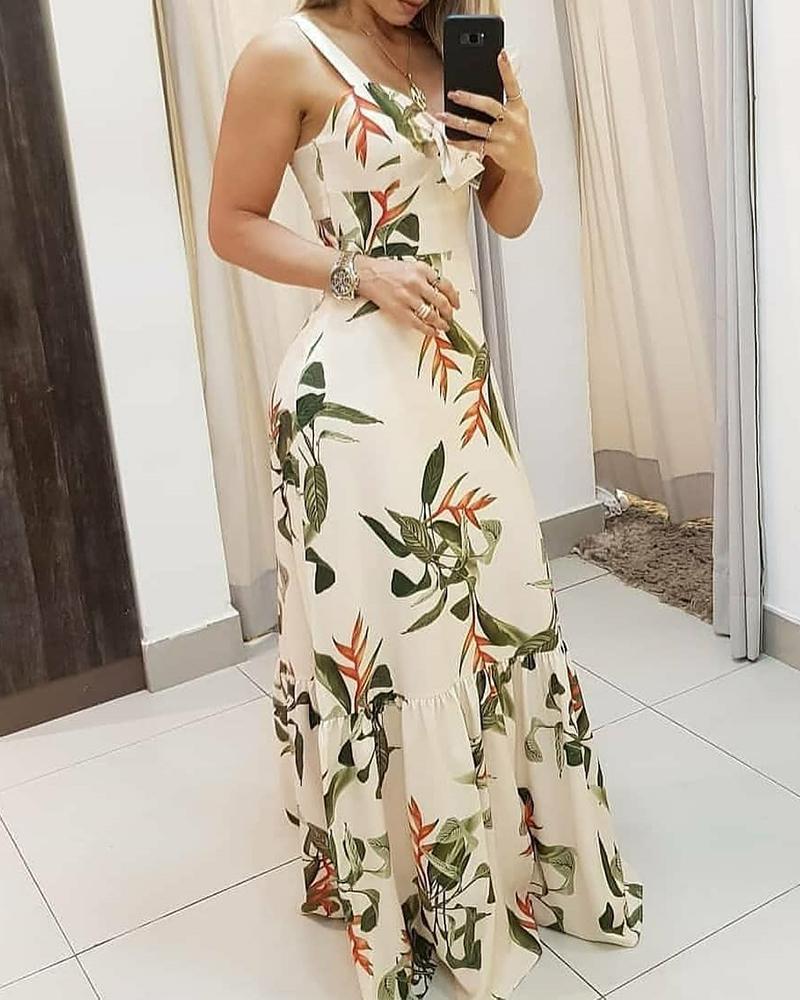 

Botanical Print Thin Strap Maxi Dress, Beige