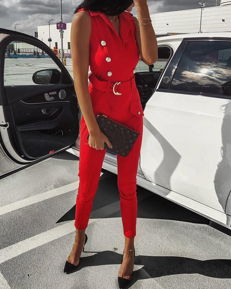 

Sleeveless Double-Breasted Belted Jumpsuit, Red